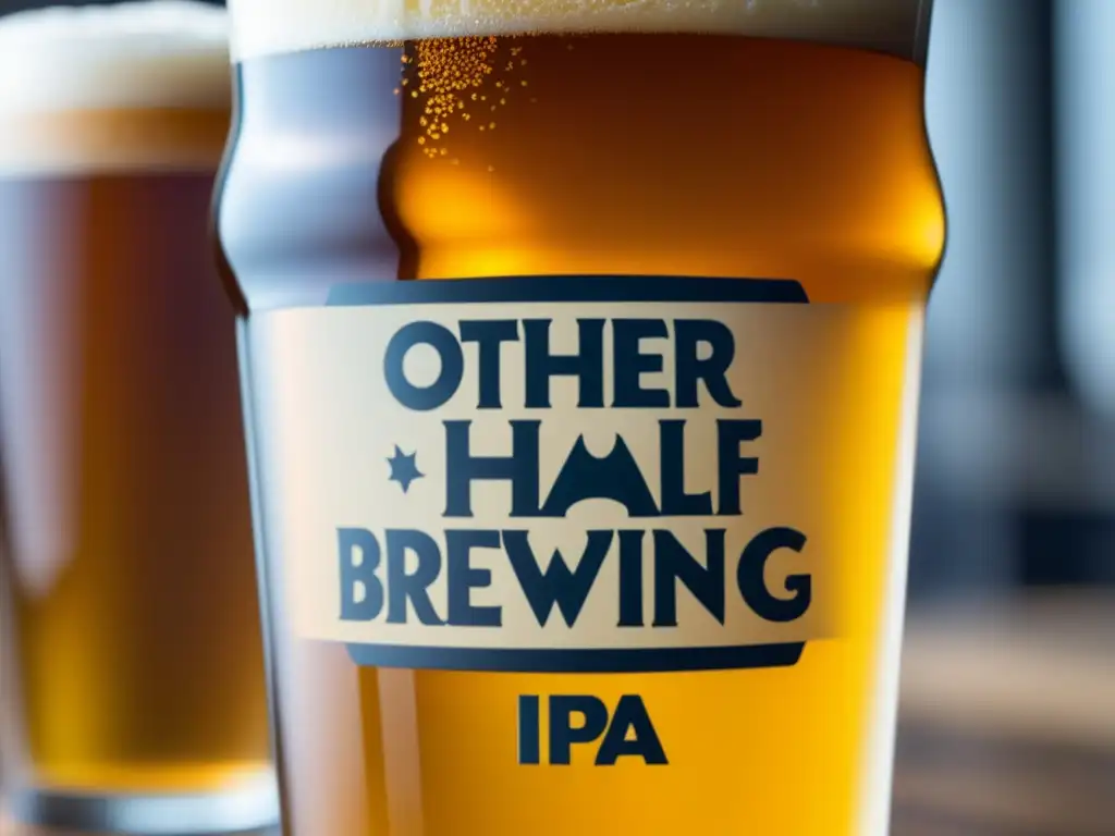 Imagen detallada de Other Half Brewing: cerveza IPA dorada, burbujas, lúpulos aromáticos y multitud de eventos