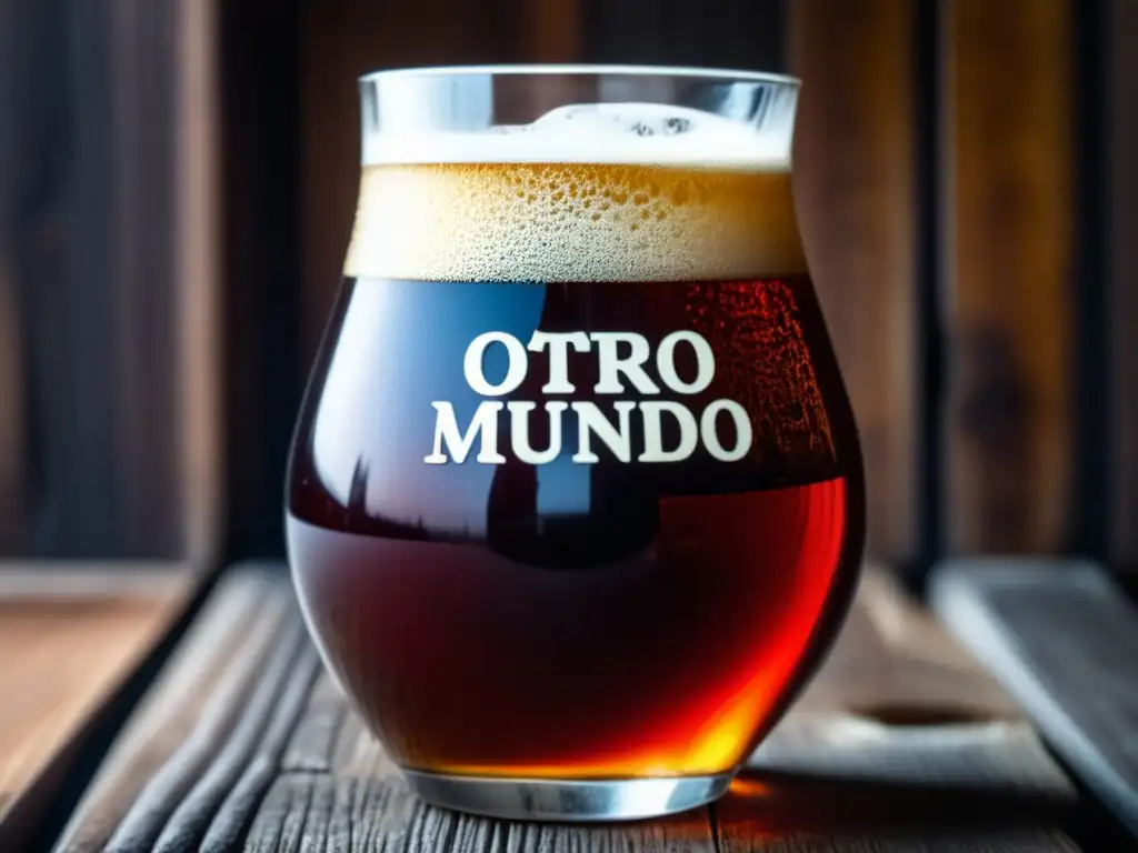 Glass de Otro Mundo Strong Red Ale, cerveza de cebada intensa y ámbar de Argentina, con detalles y texturas en mesa de madera