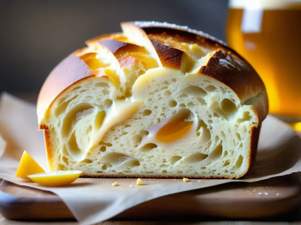 Pan de trigo recién horneado con corteza dorada y esponjosa miga, acompañado de cerveza de trigo