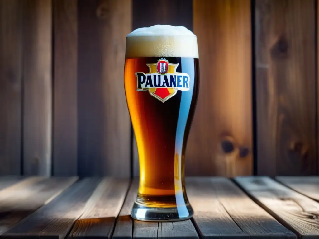 Imagen de cerveza Paulaner Salvator, Doppelbock de Cuaresma, color ámbar oscuro, espuma cremosa y burbujas efervescentes