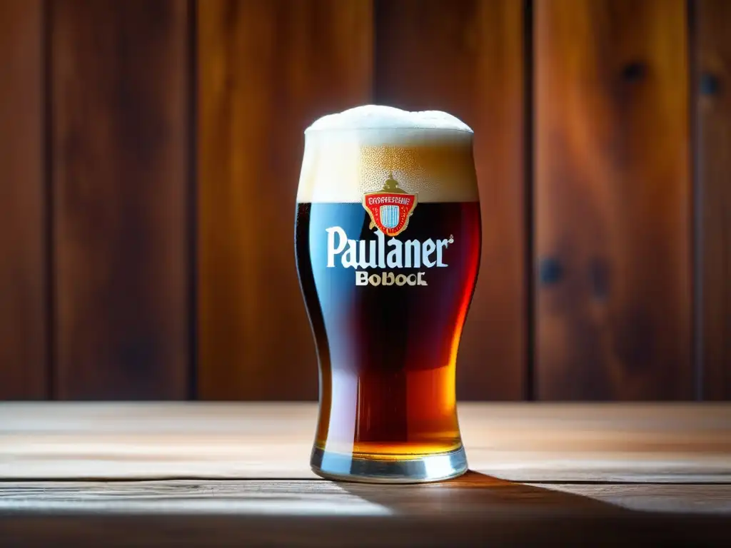 Cerveza Paulaner Salvator Doppelbock con tonos ámbar y una cabeza cremosa, en mesa de madera