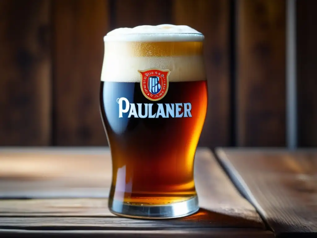 Deliciosa cerveza Paulaner Salvator Doppelbock de Cuaresma en vaso de vidrio en una mesa de madera rustica