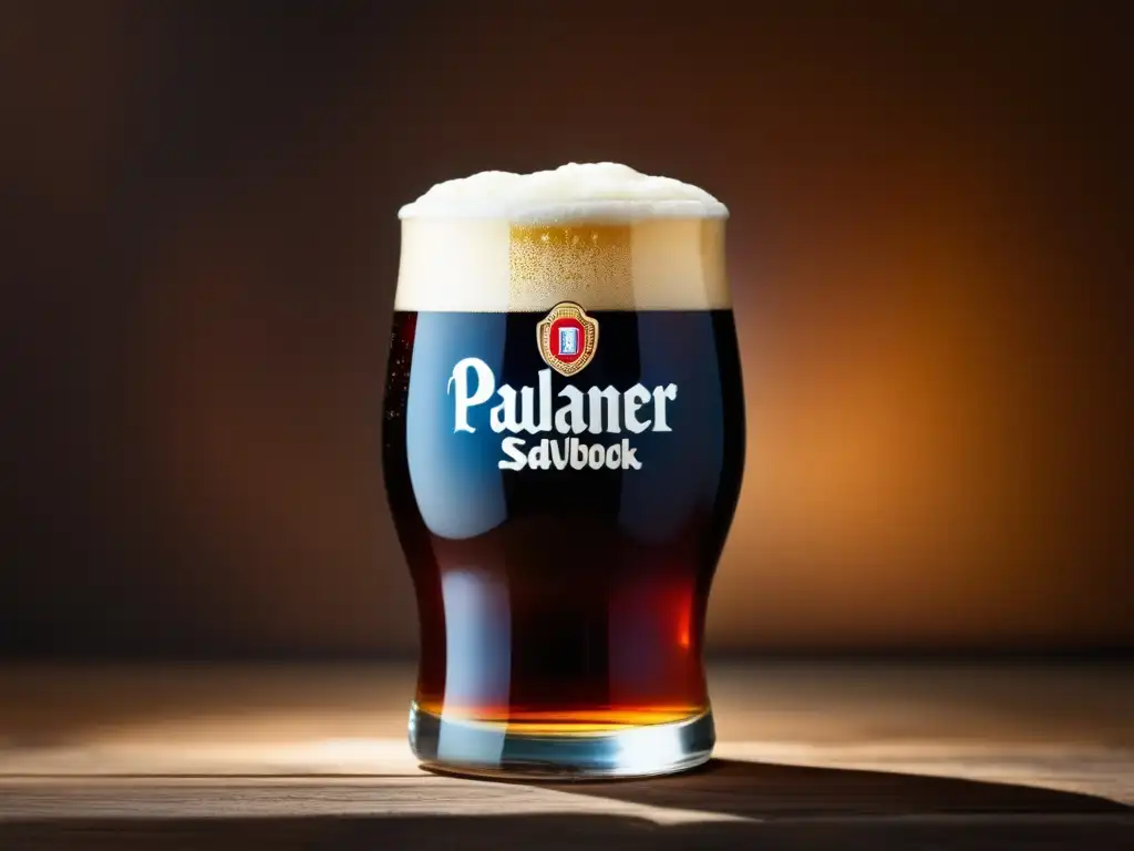 Cerveza Paulaner Salvator Doppelbock de Cuaresma, color ámbar oscuro, espuma cremosa y carbonatación, en mesa de madera rústica