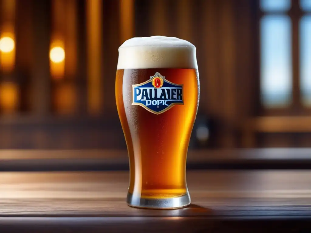 Copa de cerveza Paulaner Salvator Doppelbock, color ámbar intenso, con espuma y detalles texturizados