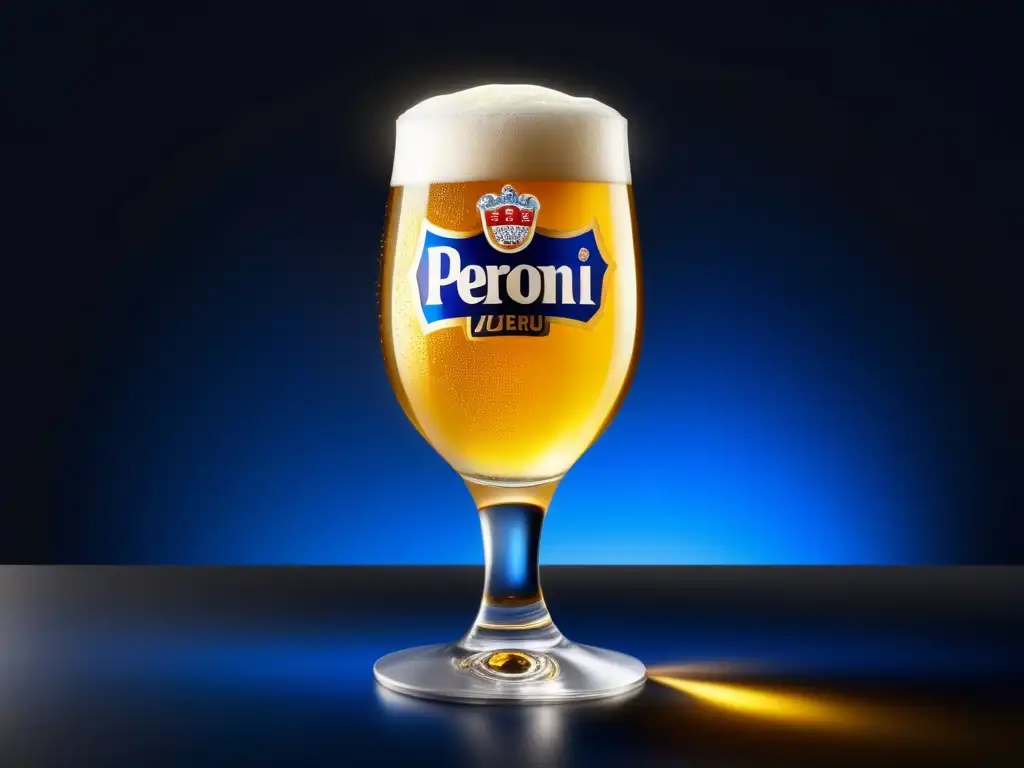 Detallada imagen 8k de una copa de cerveza Peroni Nastro Azzurro resaltando su tono dorado y burbujas efervescentes