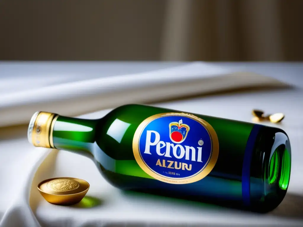 Botella helada de cerveza Peroni Nastro Azzurro en mesa elegante