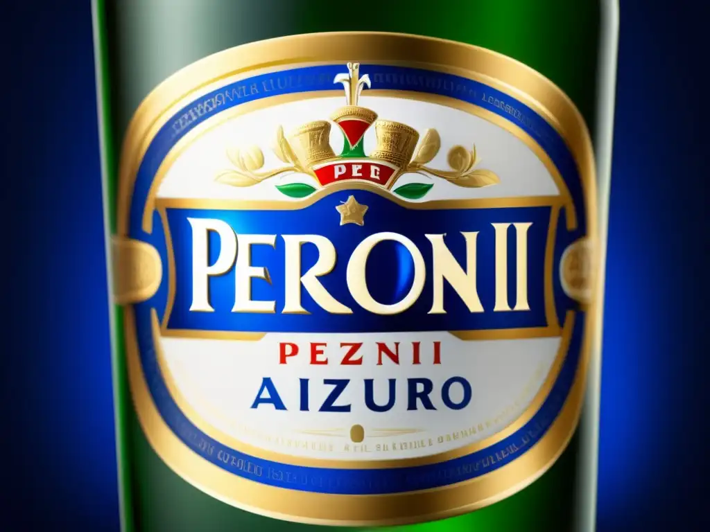 Botella de Peroni Nastro Azzurro: elegante y sofisticada, con detalles y luz que realzan su prestigio y atractivo