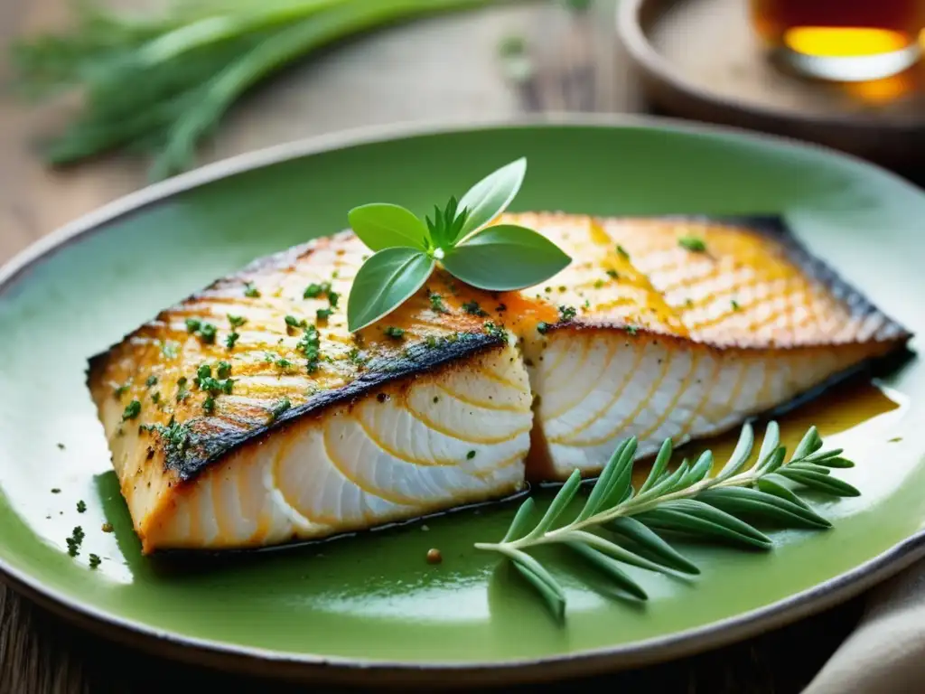 Delicioso pescado al horno con salsa de Bitters Ingleses y presentación sofisticada