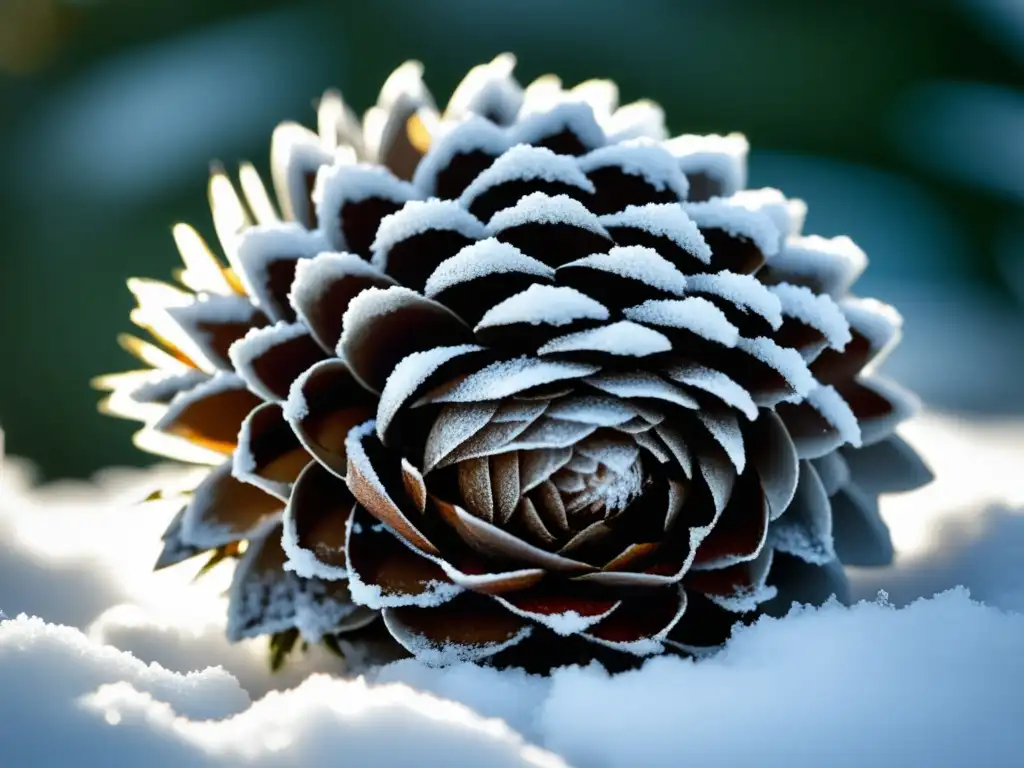 Detalle de una piña cubierta de escarcha en la nieve, resaltando la textura de sus escamas y el contraste con el suave manto blanco