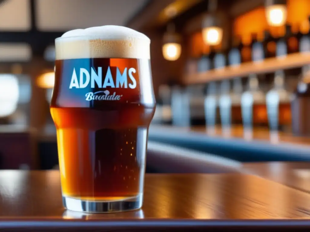 Vaso de cerveza Adnams Broadside, color ámbar con burbujas y condensación en barra de madera - Extra Special Bitter