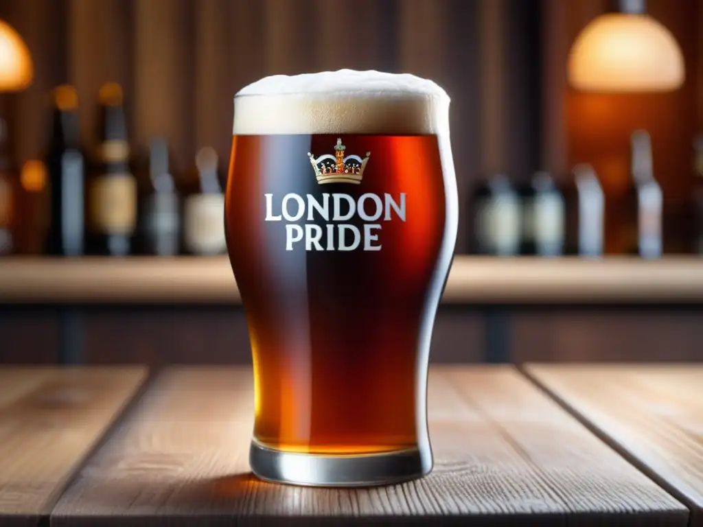 Cerveza Bitter Ale de Londres, color ámbar y cabeza blanca espumosa en vaso de pinta