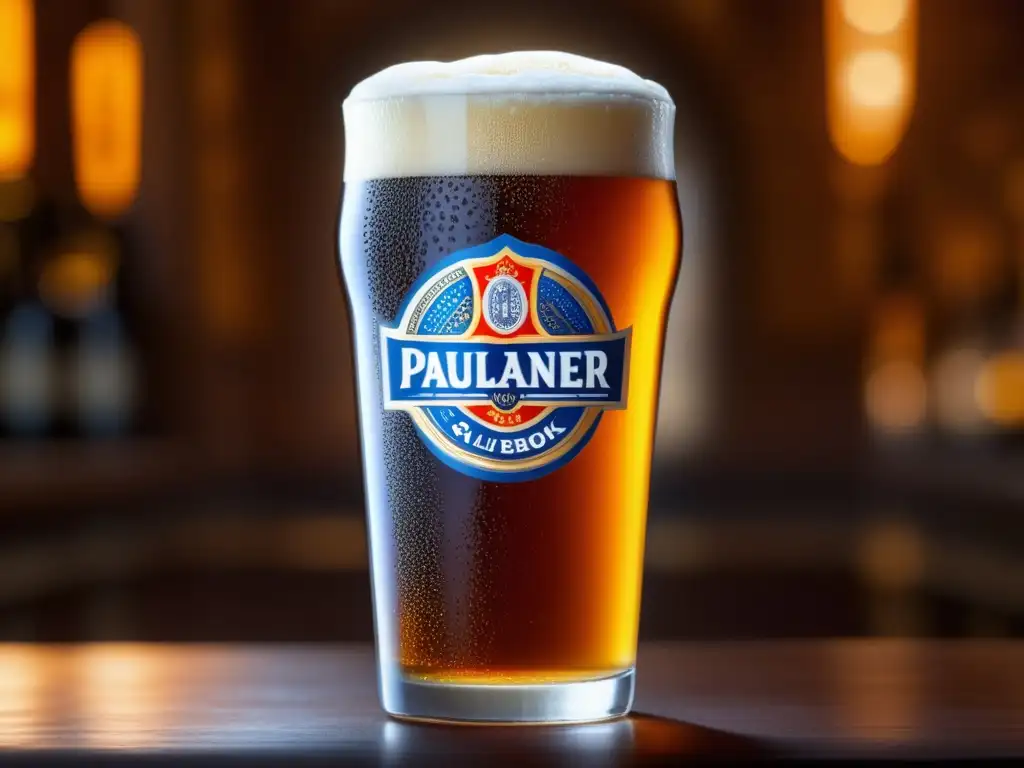 Imagen detallada de una cerveza Paulaner Salvator Doppelbock en vaso, con espuma cremosa y detalles elegantes