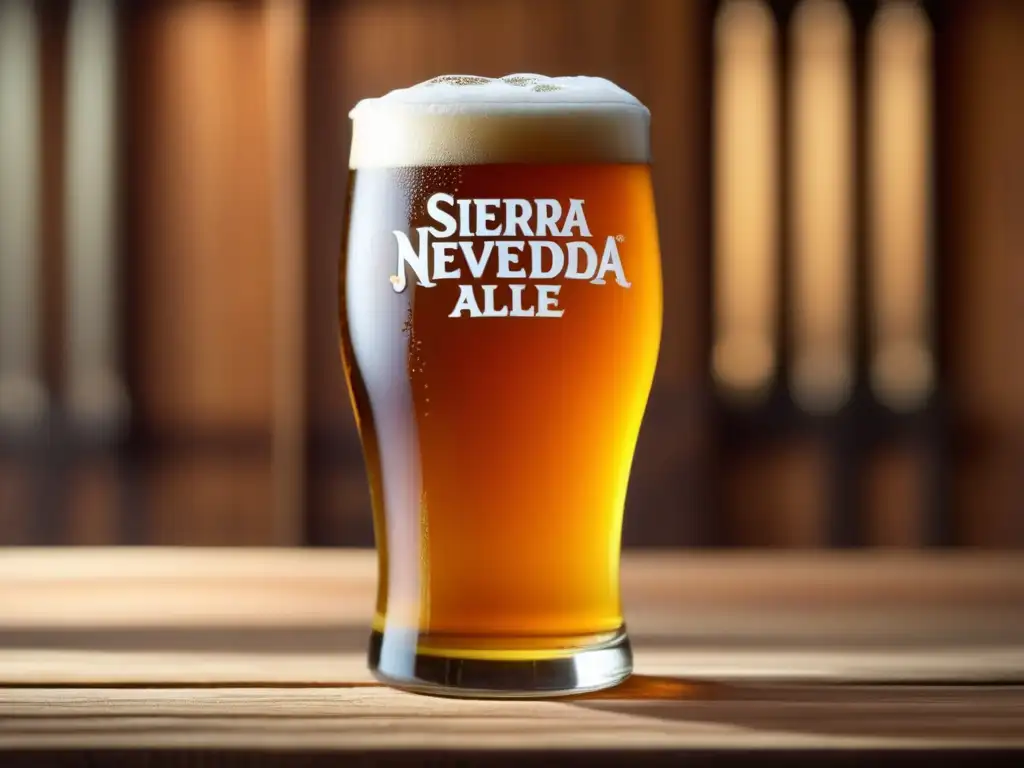 Pinta de Sierra Nevada Pale Ale dorada y burbujeante en mesa de madera