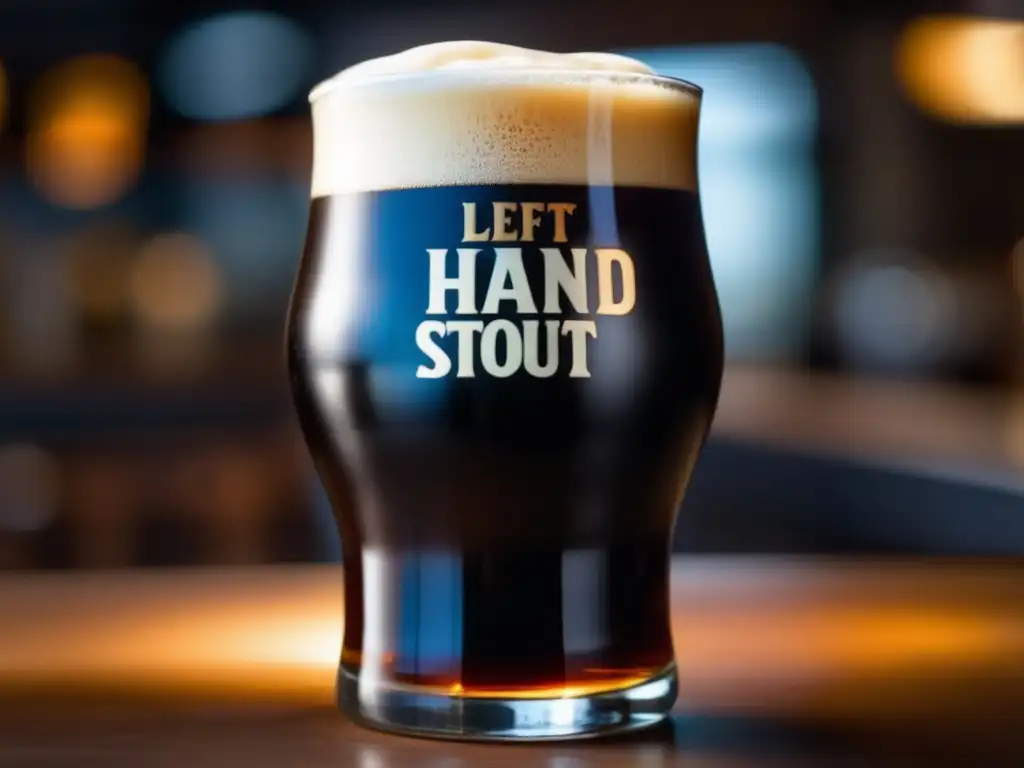 Pint Glass lleno de Left Hand Milk Stout, color oscuro, espuma cremosa, textura suave, detalles burbujas, cervecería acogedora