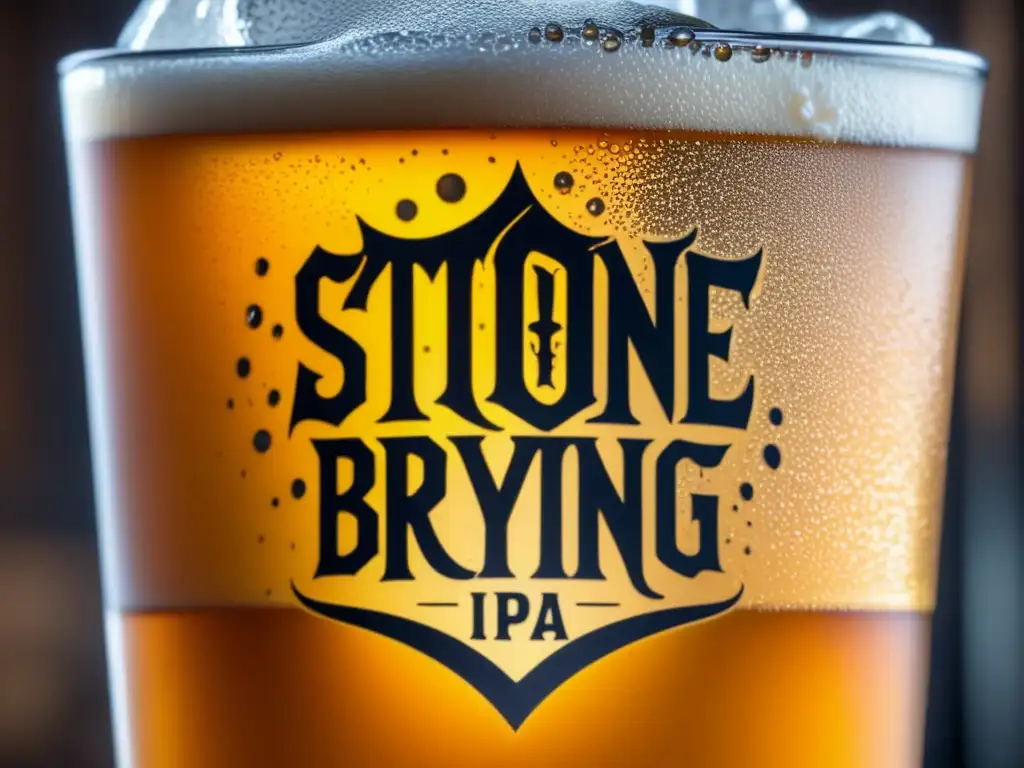 Pinta dorada de IPA en vaso, con logo Stone Brewing y burbujas vibrantes