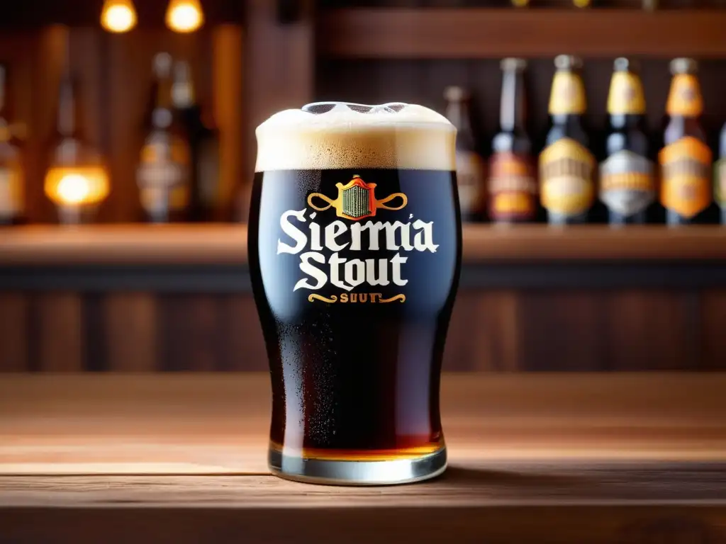 Imagen detallada de una copa de cerveza Stout de Sierra Nevada, con espuma cremosa y burbujas, en mesa de madera