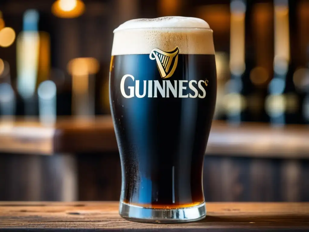 Pint of Guinness stout beer on rustic wooden bar counter