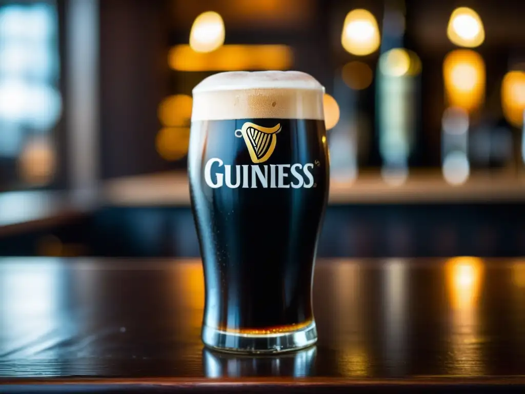 Pinta de Guinness Draught: Stout con cabeza cremosa sobre una barra de madera oscura