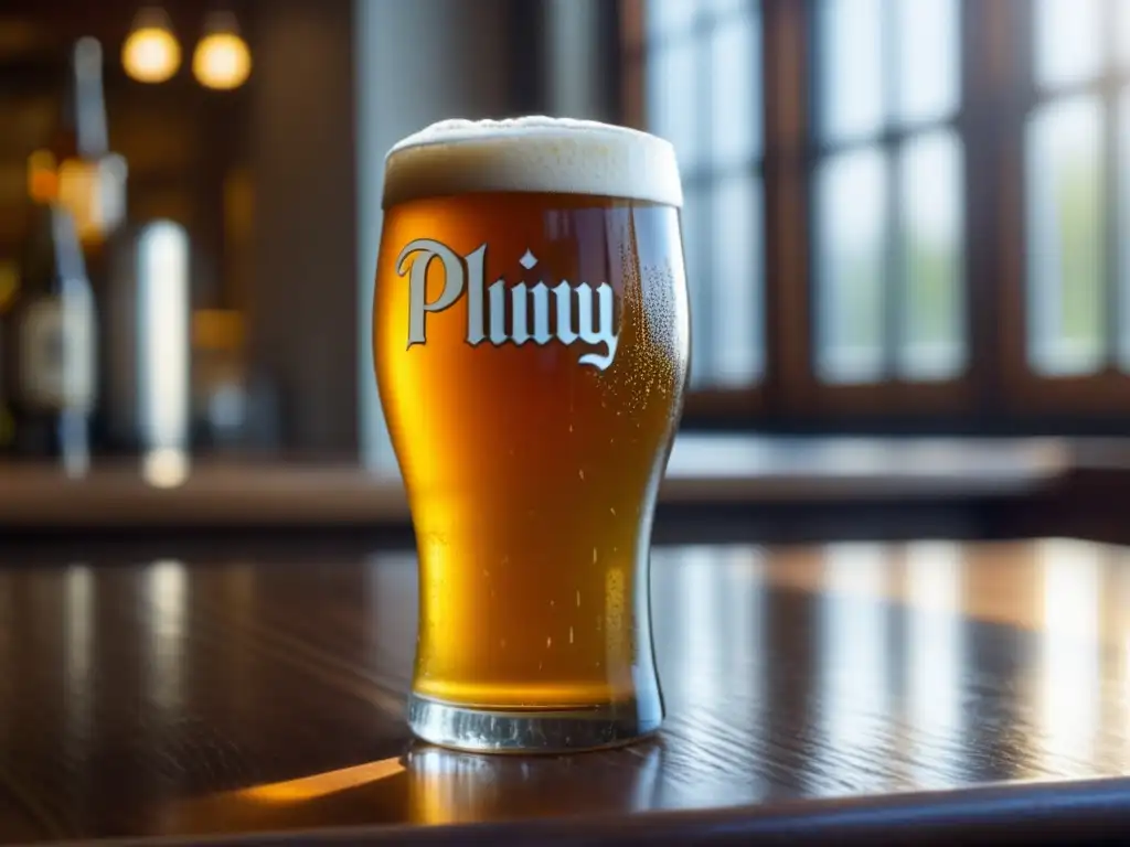 Pintura dorada y espumosa de Pliny the Elder en un vaso, sobre mesa de madera con detalles y luz natural filtrada