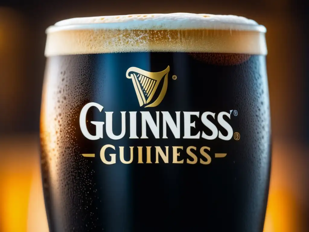 Pinta de Guinness con espuma densa y burbujas, resaltando el color oscuro del dry stout