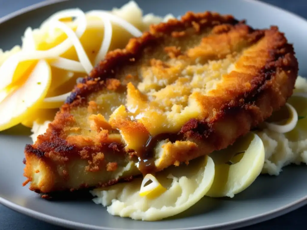 Delicioso plato tradicional alemán: Wiener Schnitzel dorado sobre puré de papas cremoso, acompañado de sauerkraut y decorado con perejil fresco