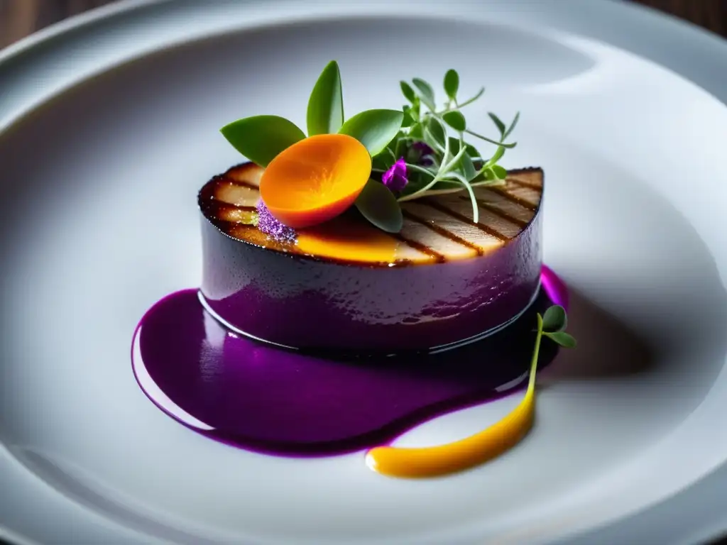 Alta Cocina: Plato exquisitamente presentado con foie gras sellado y puré de remolacha, decorado con microgreens y flores comestibles