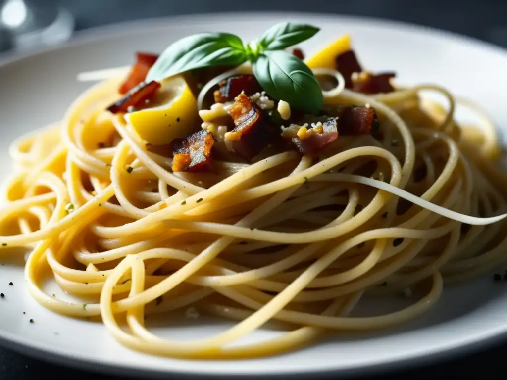 Plato de espaguetis carbonara con panceta crujiente, queso Parmesano y toque de pimienta negra