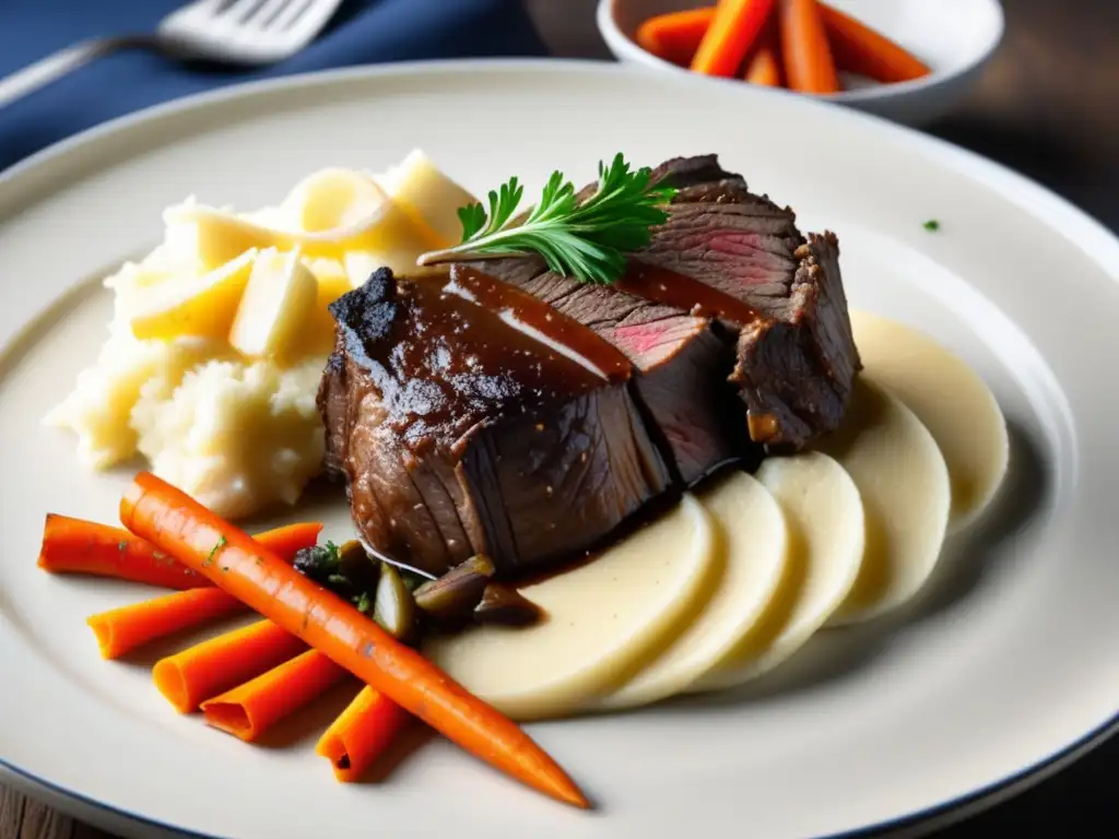 Plato de carne braseada y puré de papas, acompañado de verduras asadas y Doppelbock