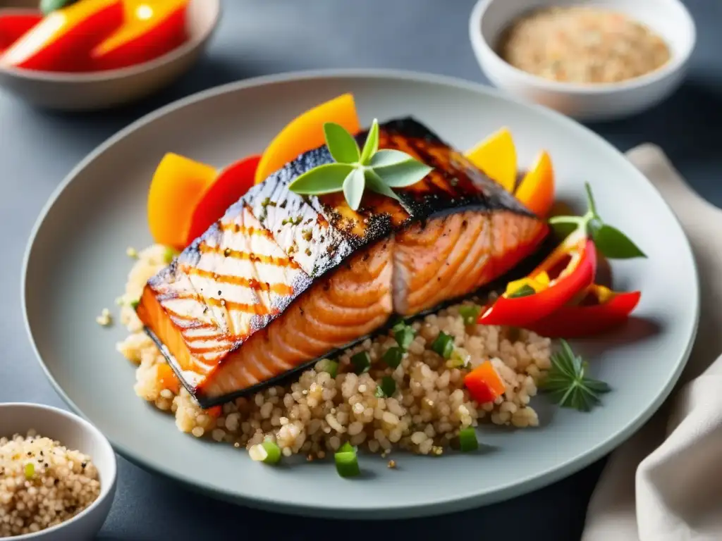 Plato de comida delicadamente arreglado con salmón a la parrilla, quinoa, vegetales asados y detalles texturizados - La Ciencia Detrás