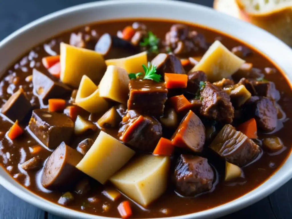 Plato de goulash con cerdo o hongos, en caldo espeso y oscuro