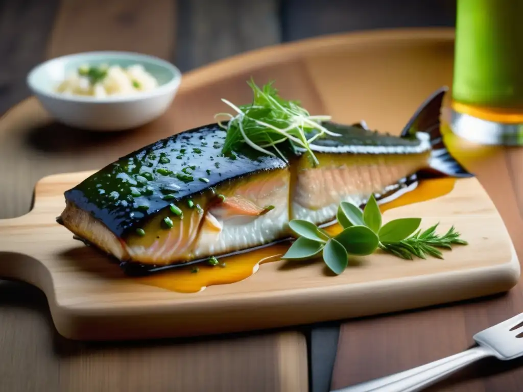 Deliciosa fillet de pescado con SeaQuench Ale en plato de madera, presentación artística con asparagus, tomates y microgreens