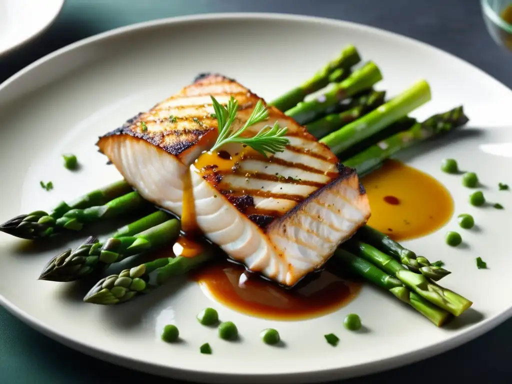 Delicioso plato de pescado crujiente con espárragos y salsa de Bitters Ingleses