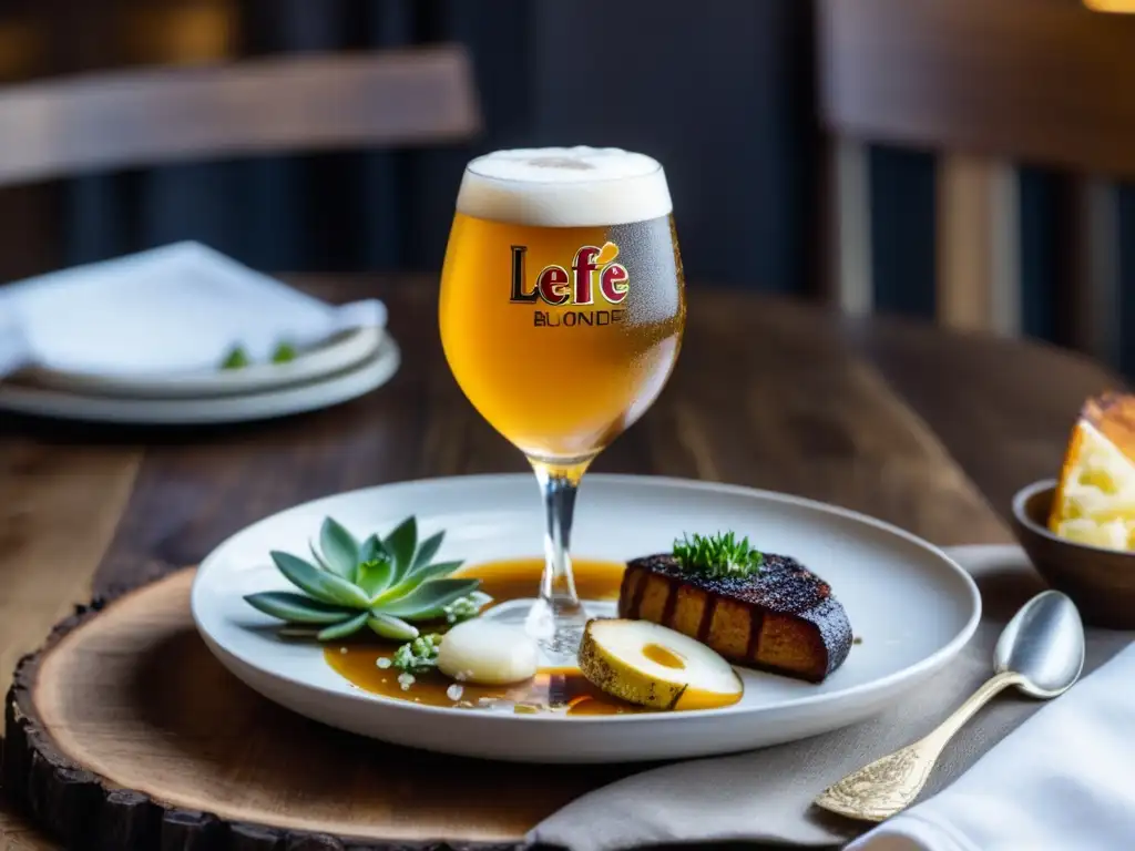 Plato gourmet con leffe blonde, pollo asado, puré de papas y espárragos a la parrilla