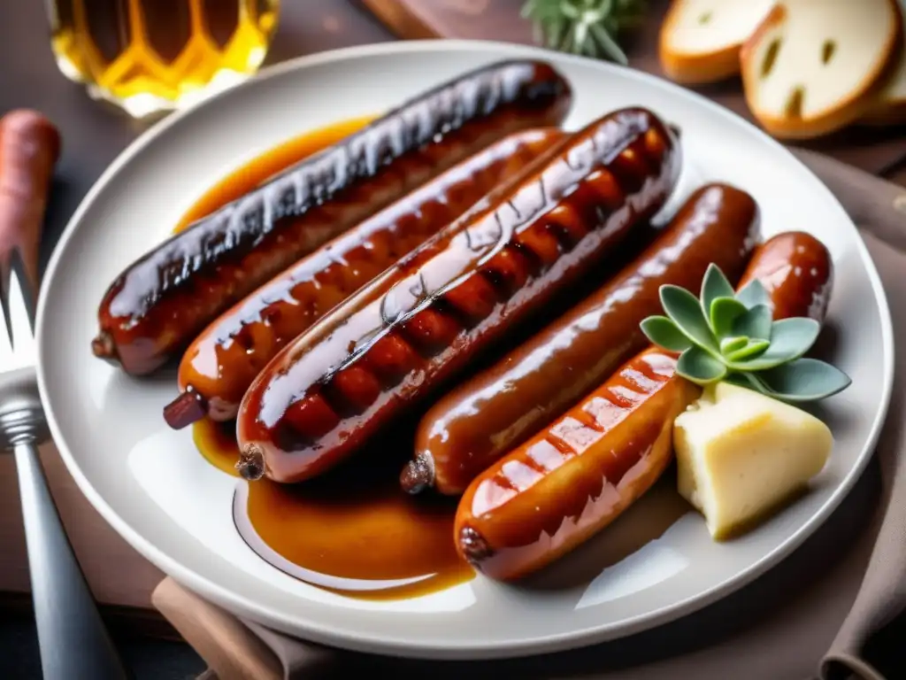 Plato de salchichas alemanas cocinadas a la perfección en cerveza Marzen, con acabado mate