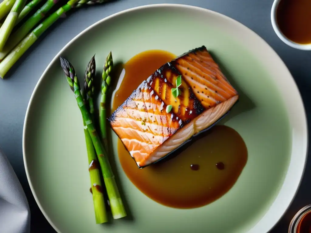 Plato de arte culinario: salmón asado con cerveza artesanal, espárragos verdes y decoración elegante