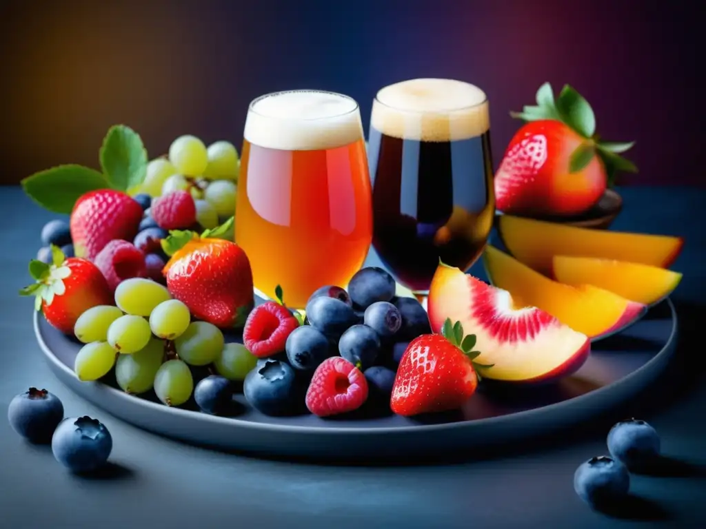 Plato de frutas frescas y cerveza Lambic en alta resolución