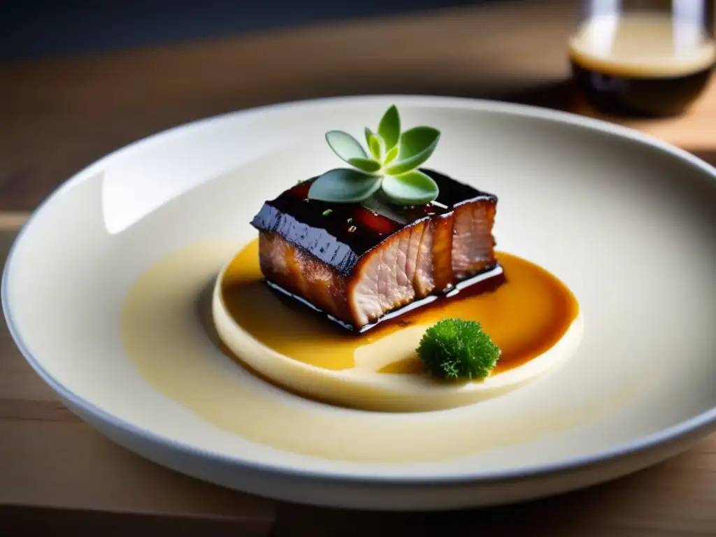 Plato gourmet con cerdo caramelizado y cerveza artesanal: Cocina Contemporánea