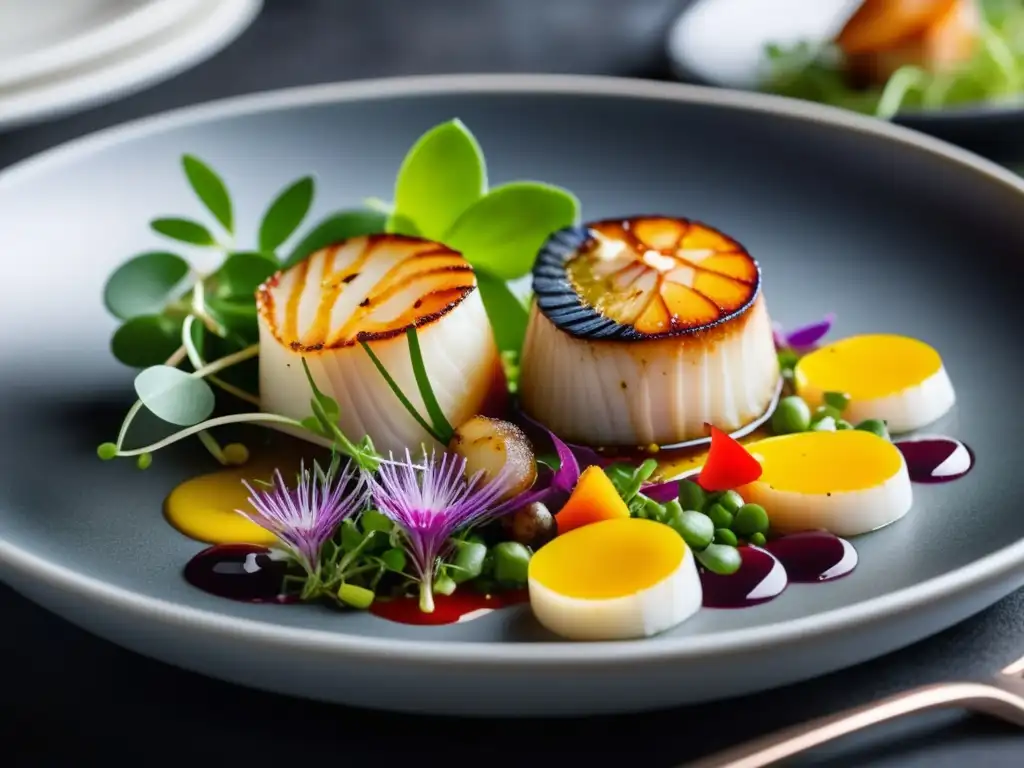 Plato de alta cocina con ingredientes delicados, seared scallops, microgreens y salsa vibrante