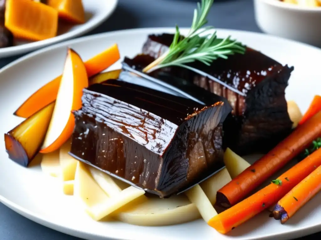 Un plato abundante de costillas cortas estofadas en Doppelbock con un glaseado oscuro