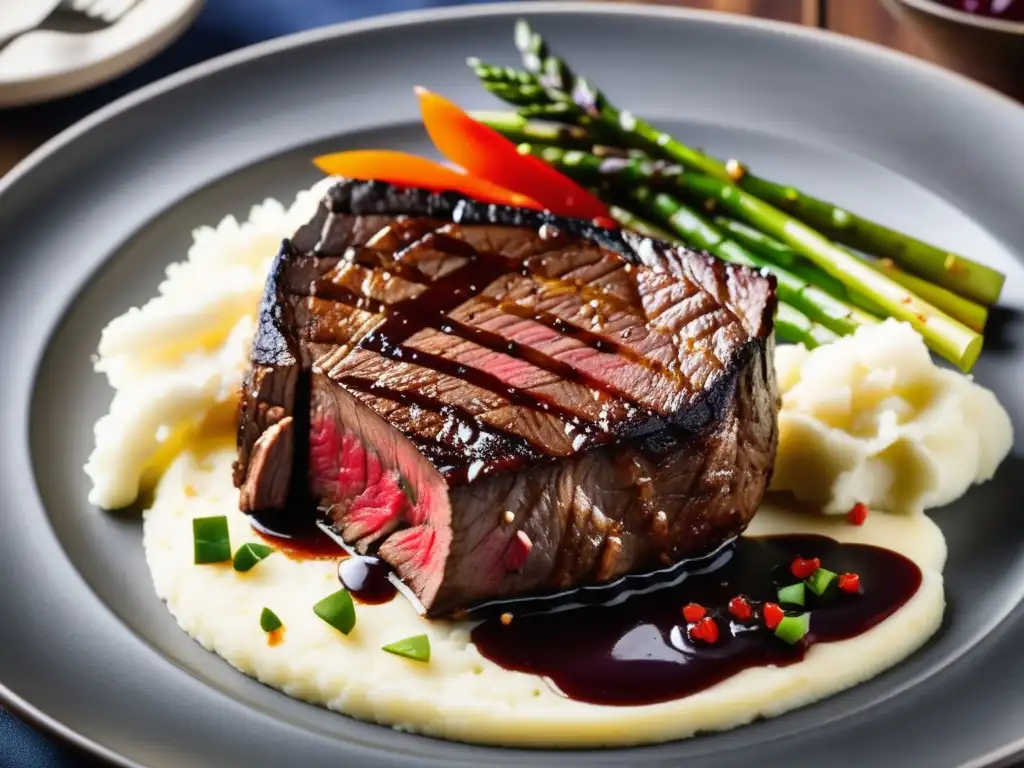 Una deliciosa y elegante presentación de un jugoso filete a la parrilla con puré de papas cremoso, reducción de vino tinto y verduras asadas