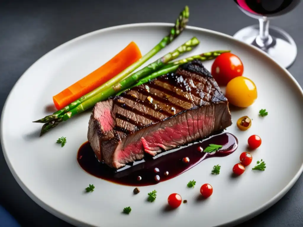 Delicioso plato gourmet con carne jugosa, verduras frescas y reducción de vino tinto - Gastronomía y Cerveza