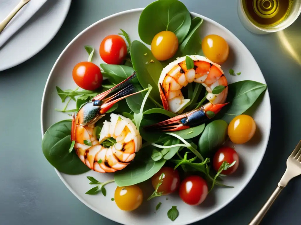 Plato de Saison y Platos Mediterráneos con prawns, tomates, albahaca y arúgula