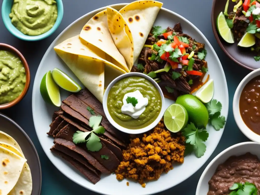 Platos mexicanos y Dunkel: Un deleite visual con mole poblano, tacos de carne asada, guacamole, chicharrones, salsa y una botella de cerveza Dunkel