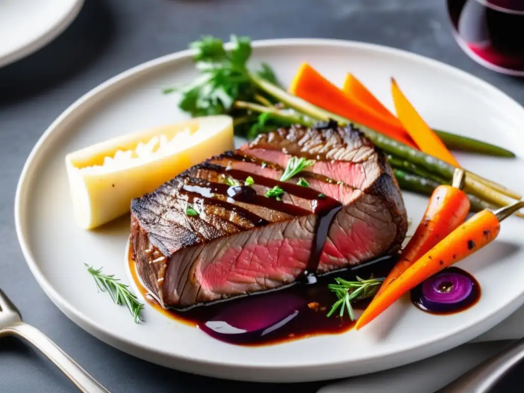 Plato principal de Saison Dupont con tierno steak, vegetales asados y reducción de vino tinto