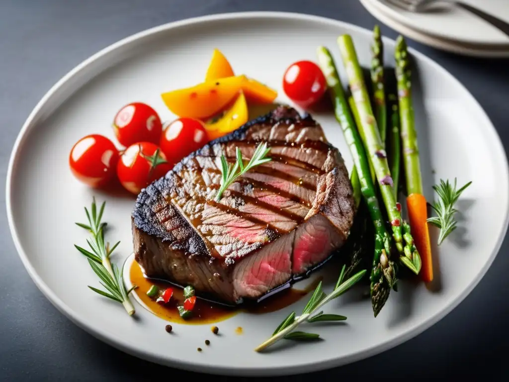 Arte Culinario: Plato principal con carne jugosa, vegetales salteados y salsa reducción, presentado con elegancia