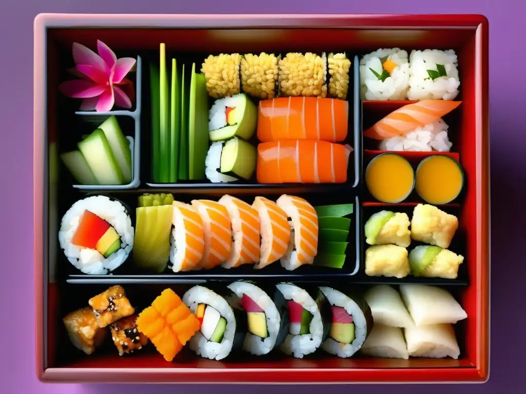 Bento japonés con sushi, sashimi, tempura, yakitori, miso y vegetales encurtidos