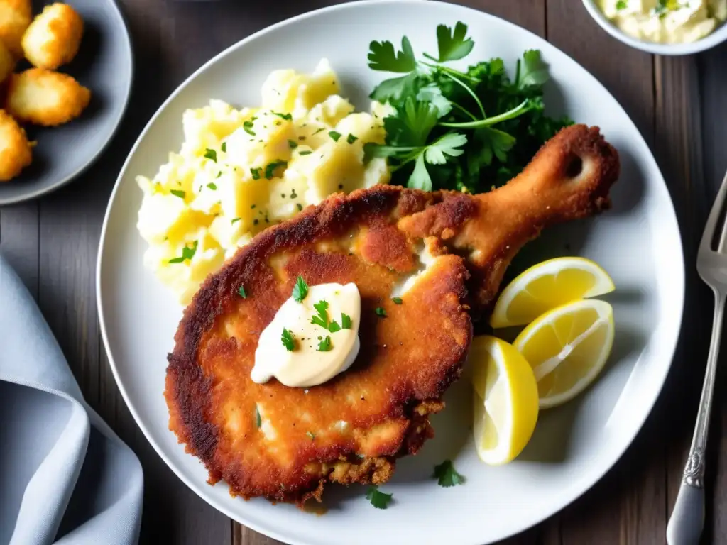 Delicioso Wiener Schnitzel, platillo tradicional vienés, con corte de ternera empanizado dorado y jugosa carne