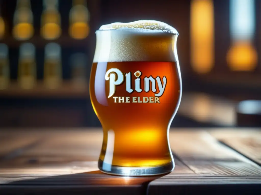 Cerveza Pliny the Elder Double IPA en vaso, detalle ultradetallado y colores vibrantes