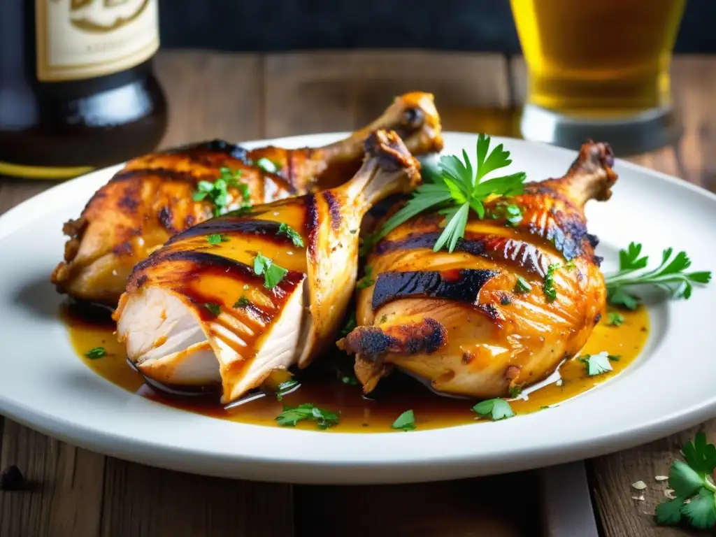 Muslos de Pollo al Estilo Belga con Cerveza - Deliciosa presentación en mesa rústica, pollo dorado y jugoso, cocinado a la perfección