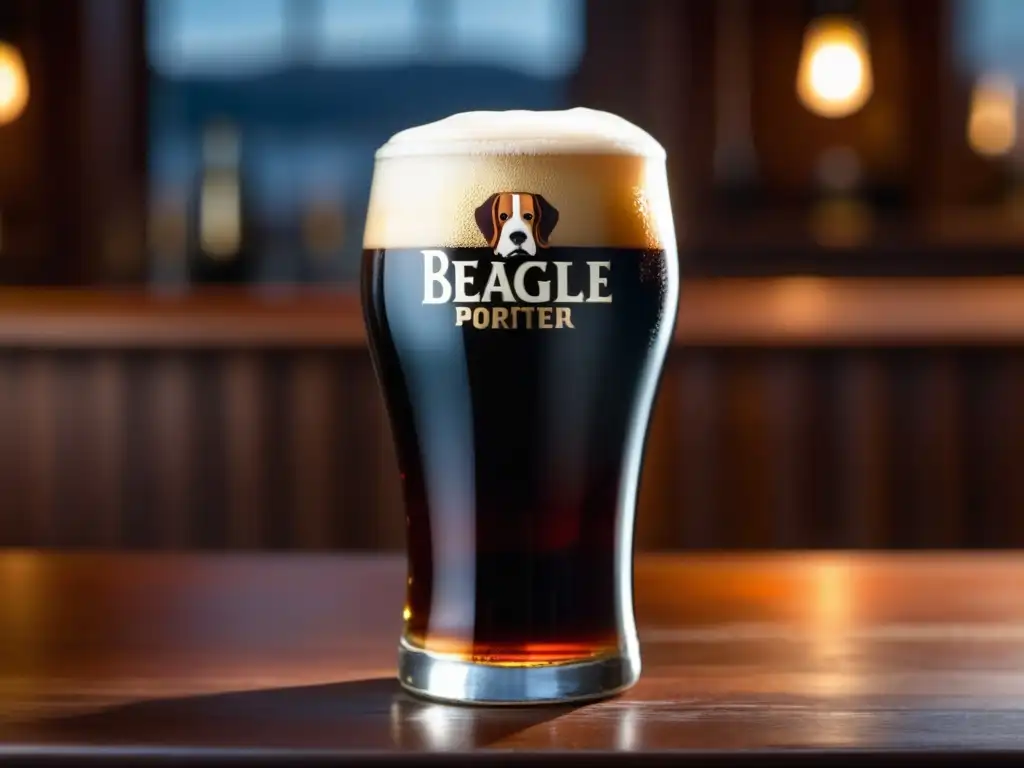 Pint glass with Beagle Porter, a dark and rich beer from Tierra del Fuego